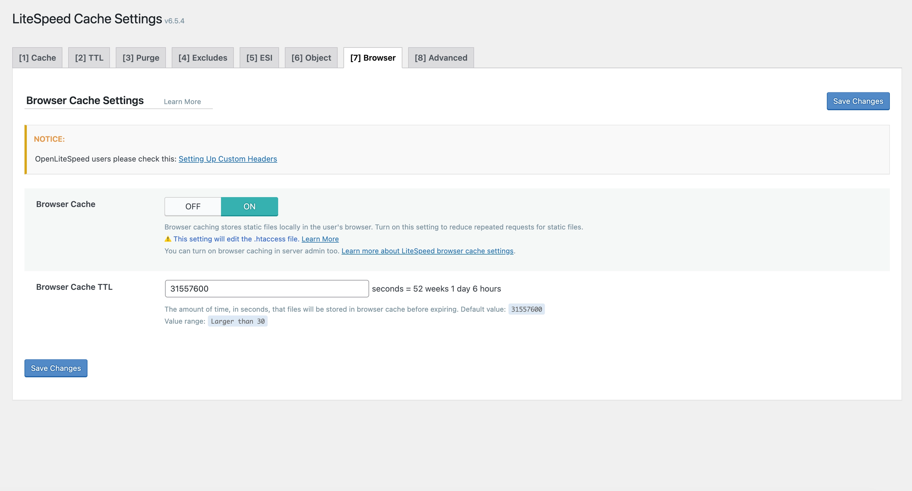 LiteSpeed Cache Browser Settings