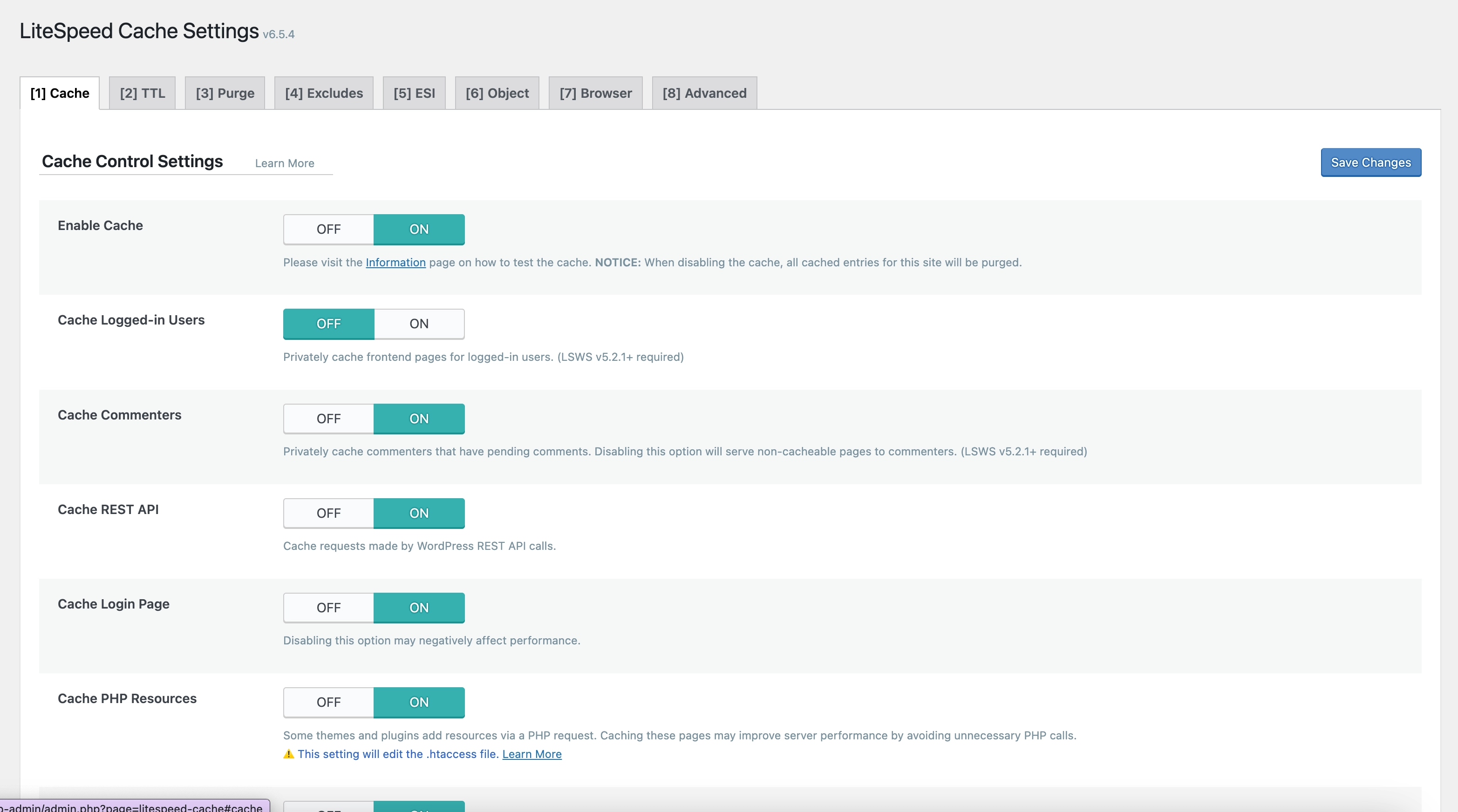 LiteSpeed Cache Cache Settings