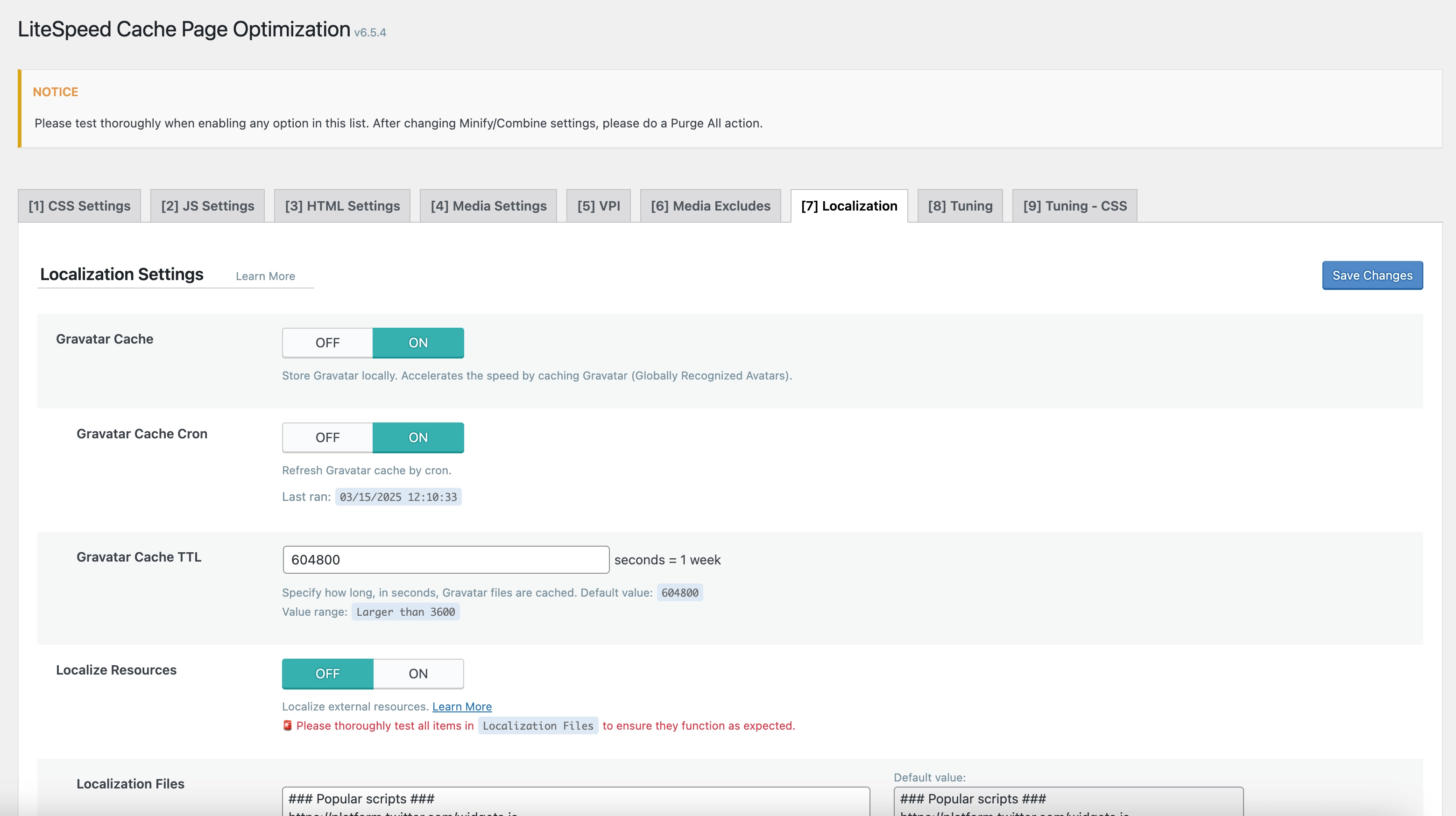 LiteSpeed Cache Localization Settings