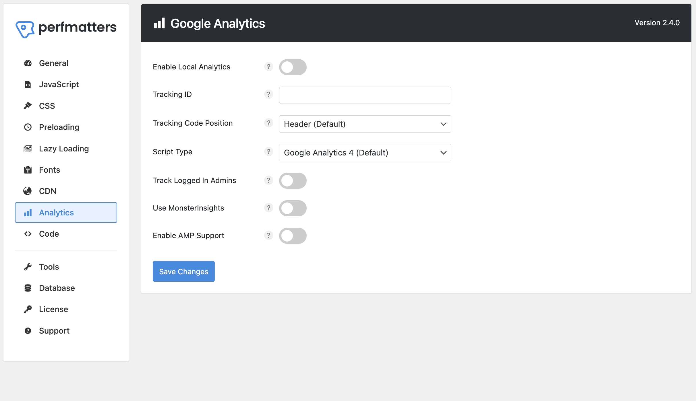 Perfmatters Google Analytics Settings
