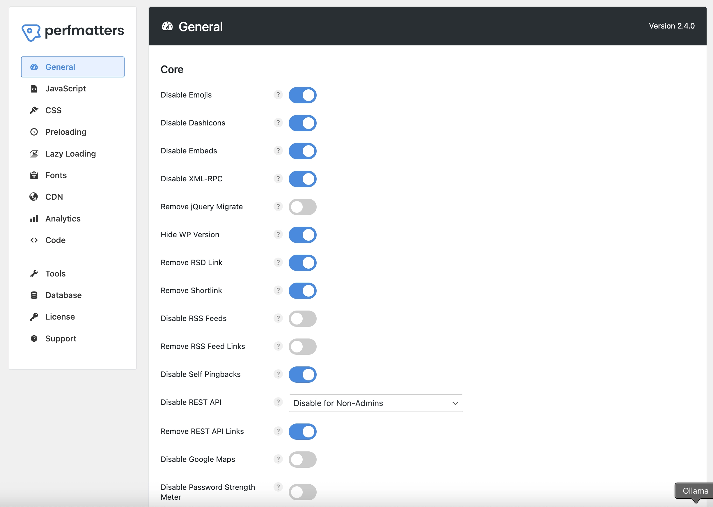 Perfmatters General Settings