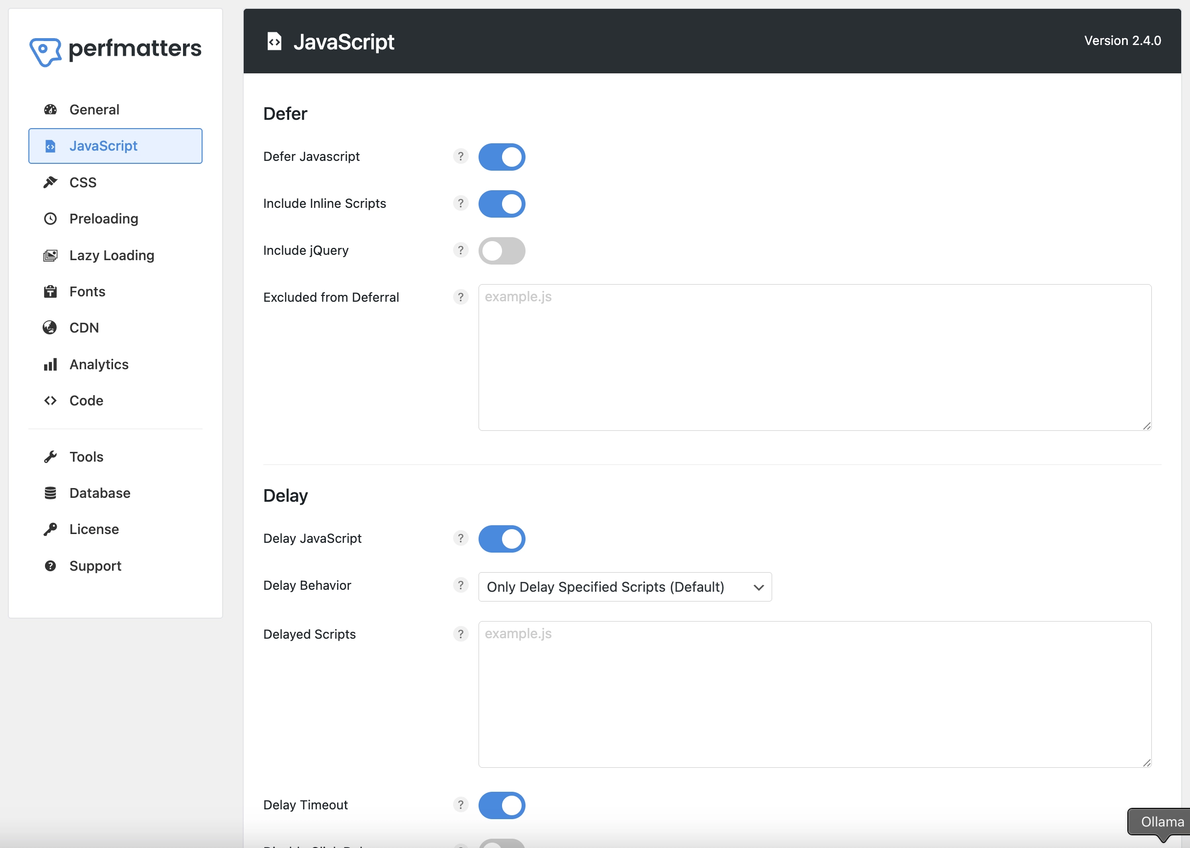 Perfmatters JavaScript Settings