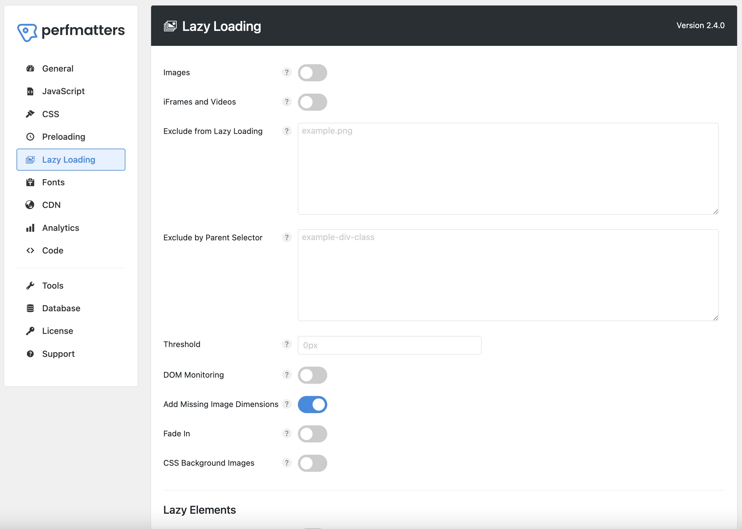 Perfmatters Lazy Loading Settings