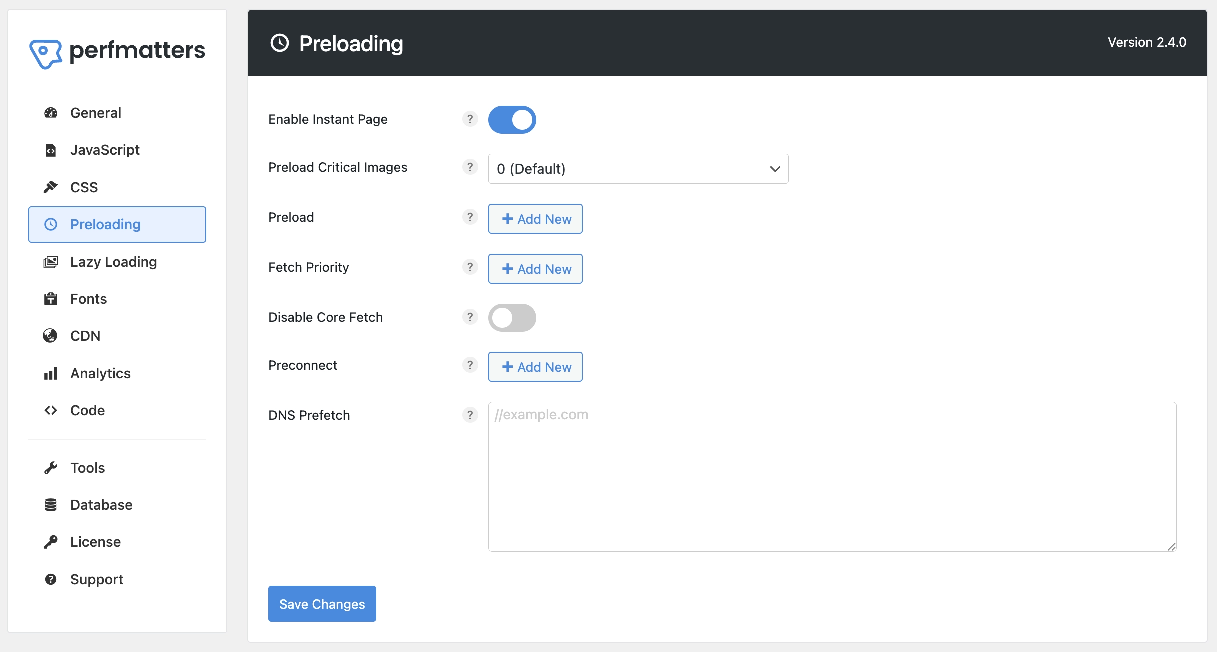 Perfmatters Preloading Settings
