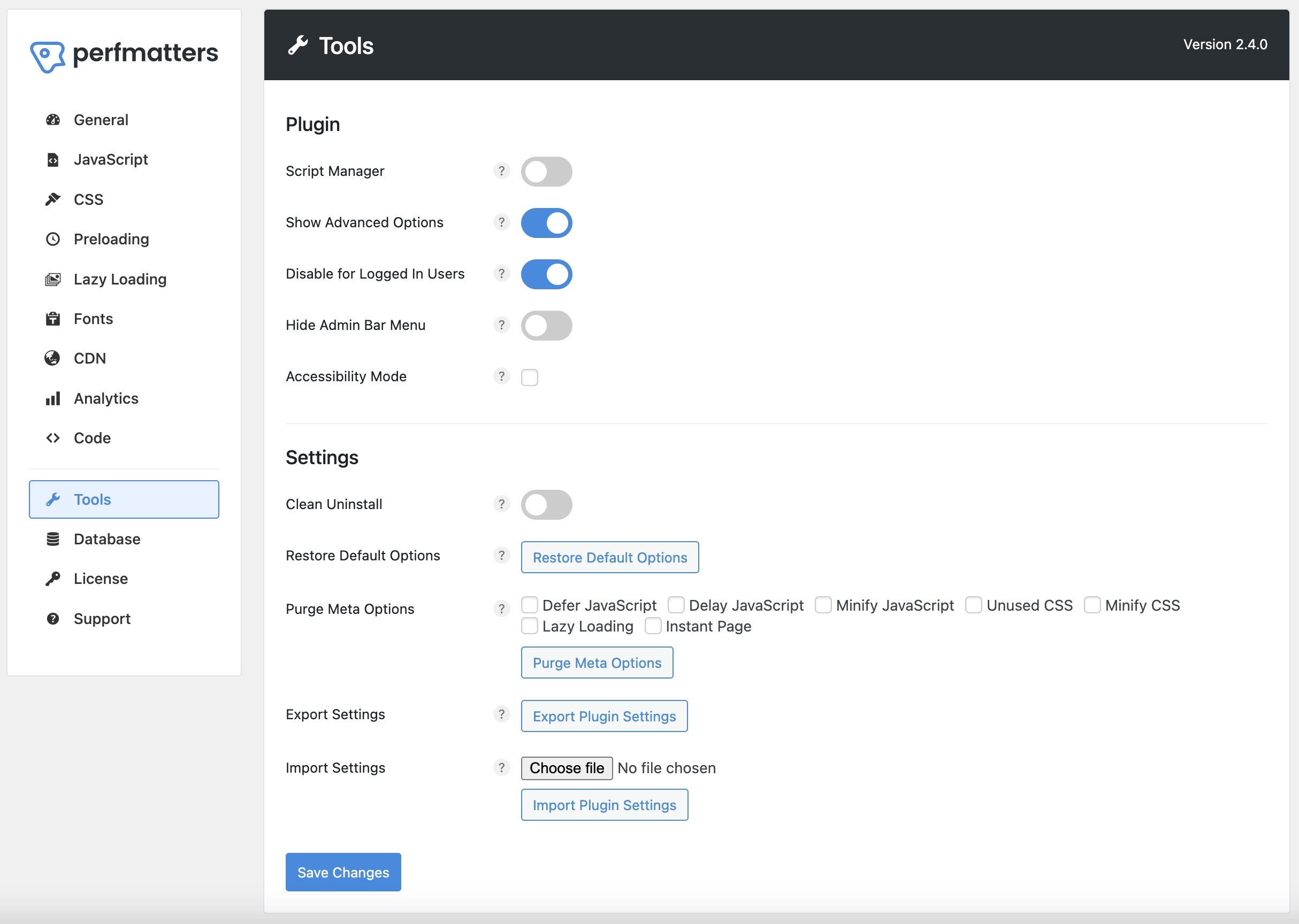 Perfmatters Tools Settings