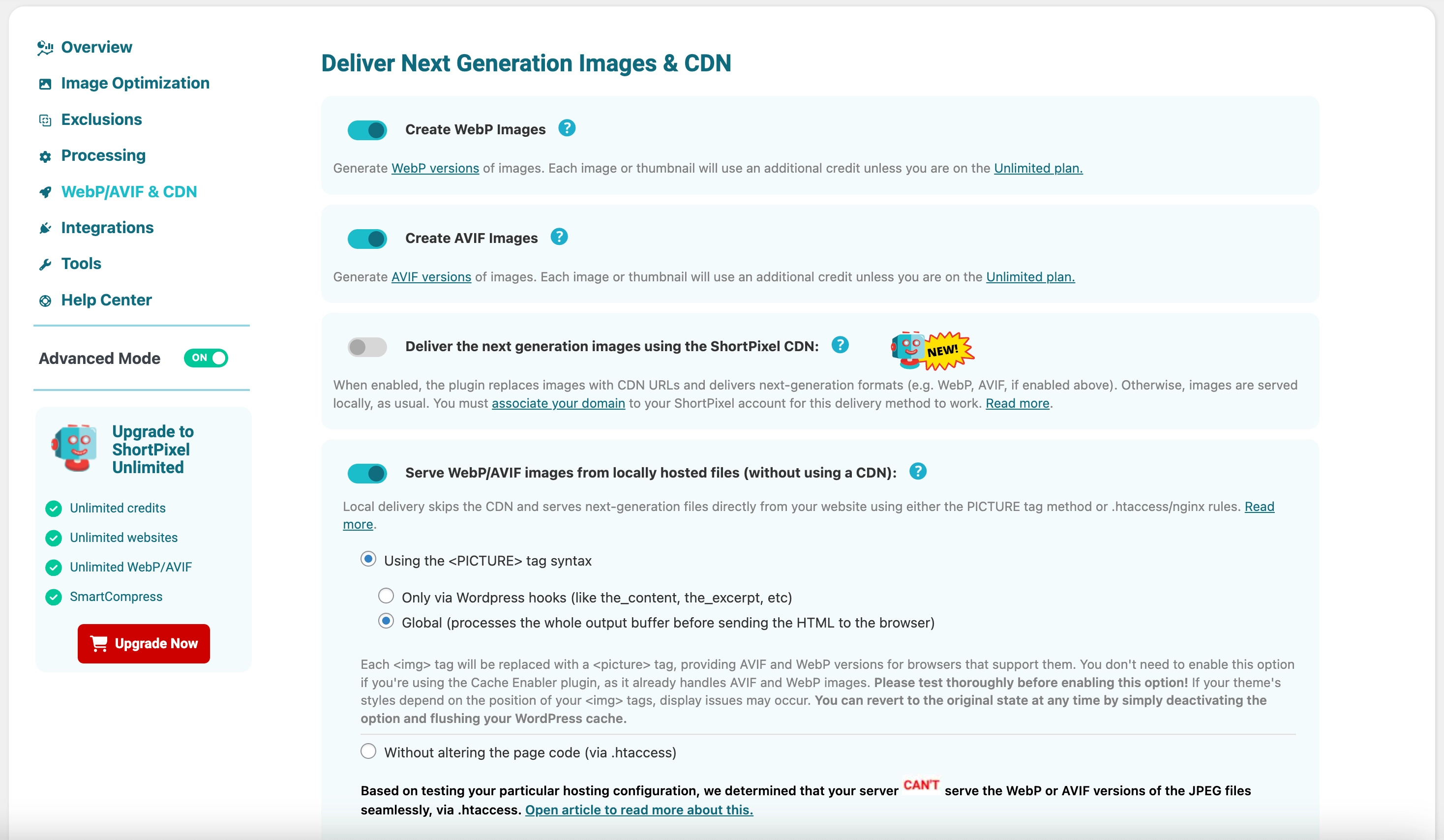 ShortPixel Next-Gen Images Settings