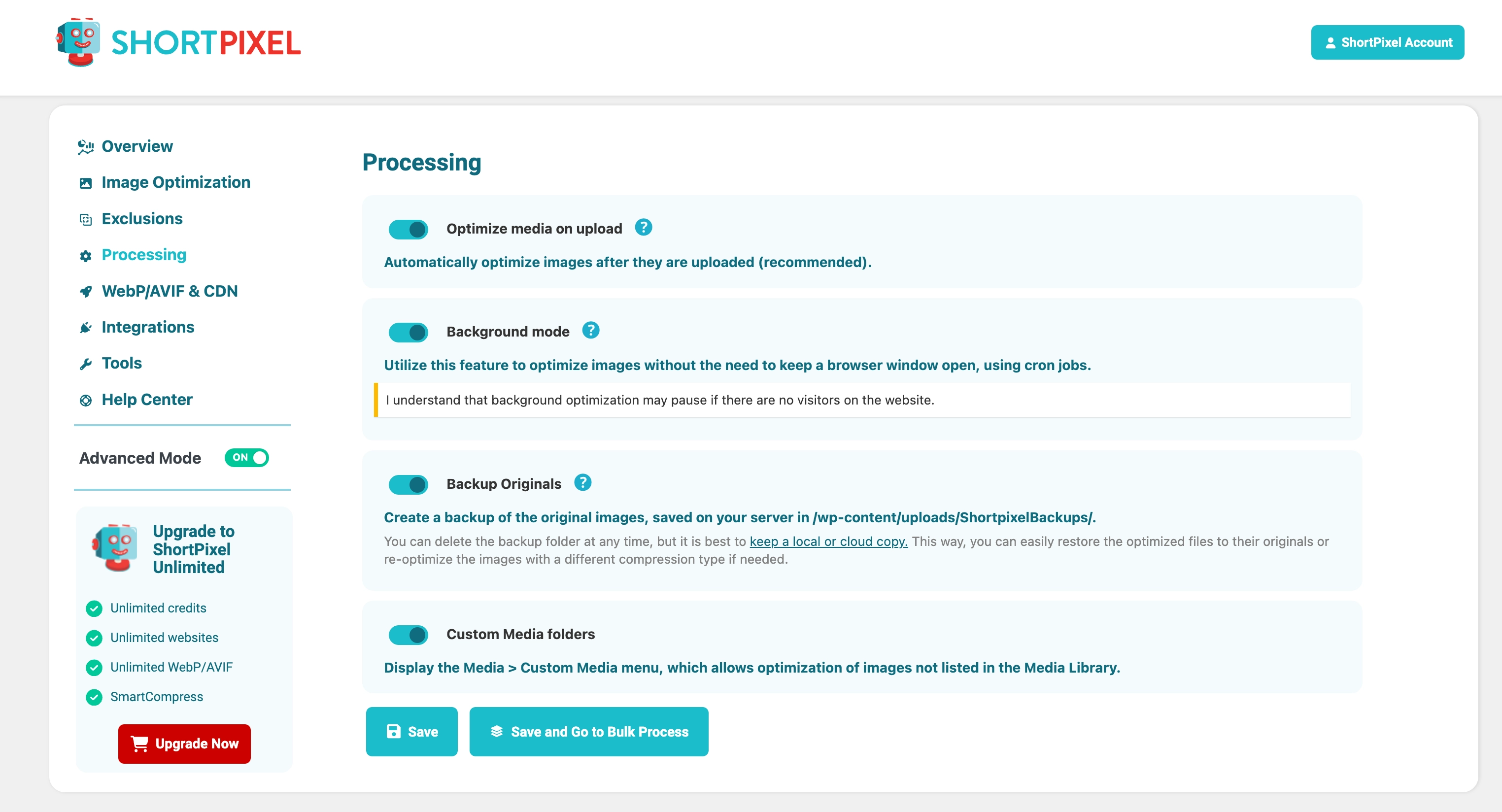 ShortPixel Processing Settings
